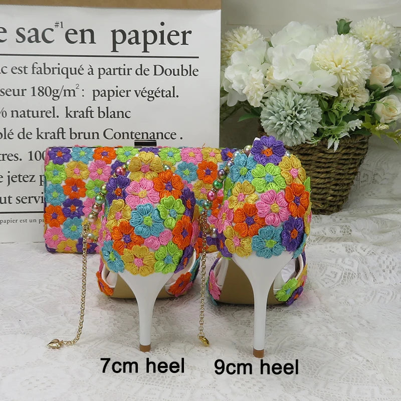 Fashion multicolored Flower Wedding Shoes With Matching Bags High Heels Pointed Toe Ankle Strap Ladies Party shoe and bag set