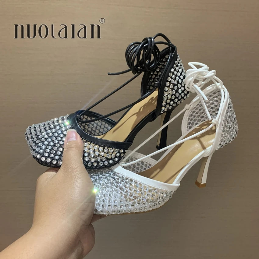 Fashion Green Rhinestone Women Pumps Sandals Female Square Toe high heels Lace Up Cross-tied Stiletto hollow Party Shoes Woman