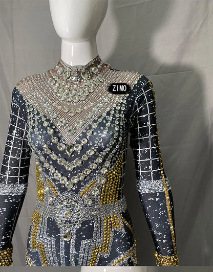 fashion Rhinestones Jumpsuit Crystal Pearl sexy Women Jumpsuits spandex party Nightclub birthday Pole Dance Singer Stage Costume