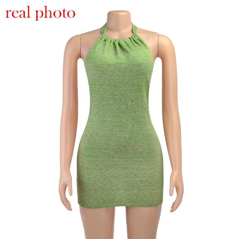 Cryptographic Halter Sexy Backless Mini Dresses Bodycon Skinny Club Party Sleeveless Knitted Dress Fall Streetwear Beach Holiday