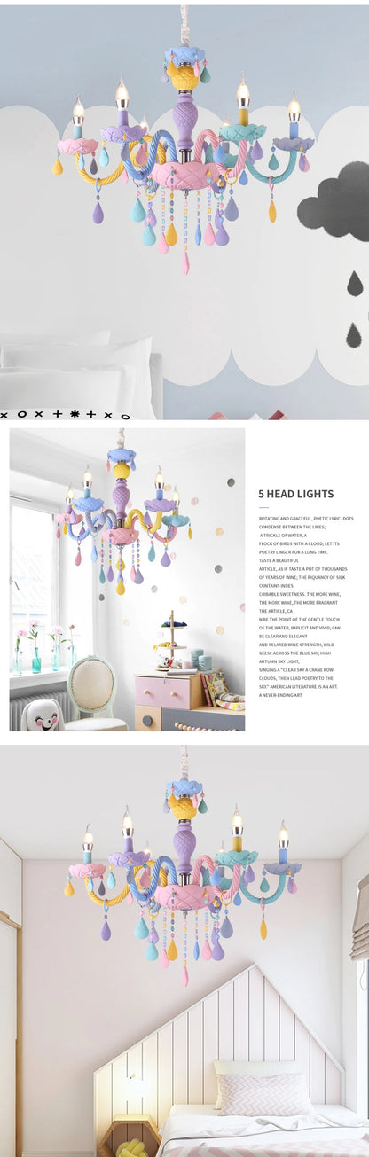 Rainbow Crystal Chandelier European Candle Lustres Bedroom Children's Room American LED E14 8 Lights Princess Makaron Kid Lamps