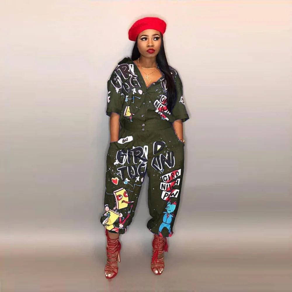 2020 New Style Brand Fashion Hip Hop Style Women Jumpsuit Special Letter Turn Down Collar Half Sleeve Romper Jumpsuit