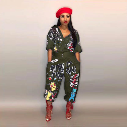 2020 New Style Brand Fashion Hip Hop Style Women Jumpsuit Special Letter Turn Down Collar Half Sleeve Romper Jumpsuit