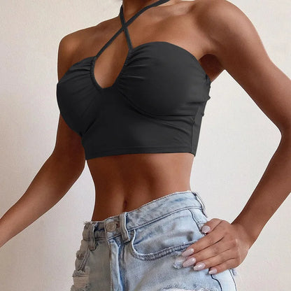 Sexy Solid Lace Up Bow Halter Ruched Crop Top Fashion Sleeveless Backless Tube Tops Female Streetwear Tops New Women