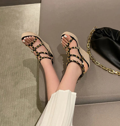 Rivet Wedges Women Sandals Open Toe Ankle Buckle Strap Ladies Platform Wedges Sandals High Heels Roman Rattan Grass Woven Shoes