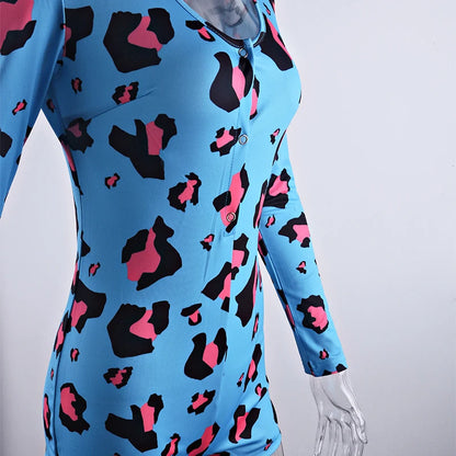 OMSJ 2024 Rompers Women Sleepwear Sky Blue Leopard Print Long Sleeve Short Jumpsuit Sexy Onesie For Adult Female Nightwear S-3XL