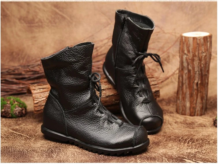JIANBUDAN/ Genuine Leather Plush Women's Short Boots Retro Casual Autumn Winter Women's Boots Waterproof Leather Warm Snow Boots