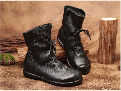 JIANBUDAN/ Genuine Leather Plush Women's Short Boots Retro Casual Autumn Winter Women's Boots Waterproof Leather Warm Snow Boots
