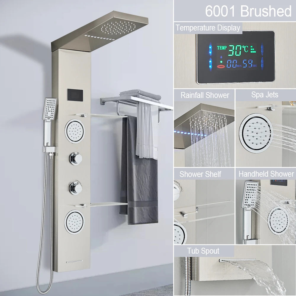 LED Light Shower Panel Waterfall Rain Digital Display Shower Faucet Set SPA Massage Jet Bathroom Column Mixer Tap Tower System