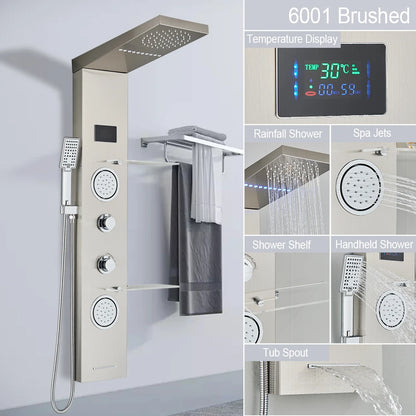 LED Light Shower Panel Waterfall Rain Digital Display Shower Faucet Set SPA Massage Jet Bathroom Column Mixer Tap Tower System
