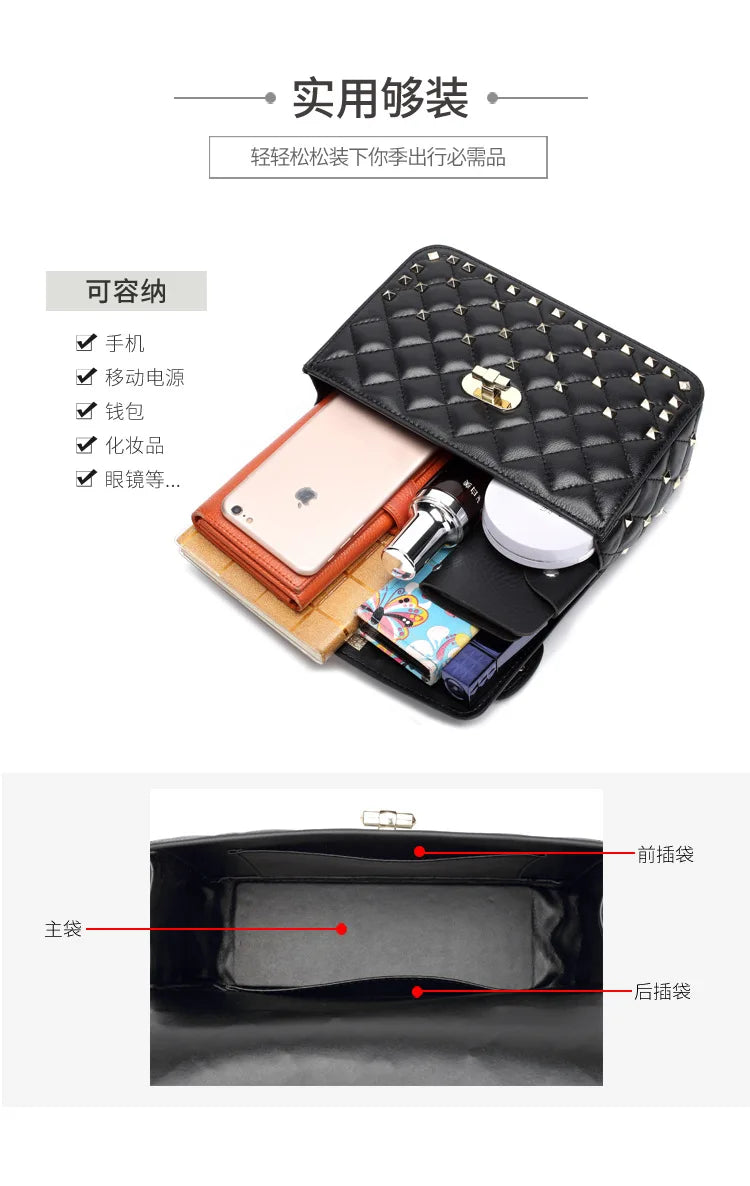 2026 New Fashion Women Sheepskin Leather Rivet Handbags Chain Bag Designer Shoulder Bags Luxury Woman Messenger Bags