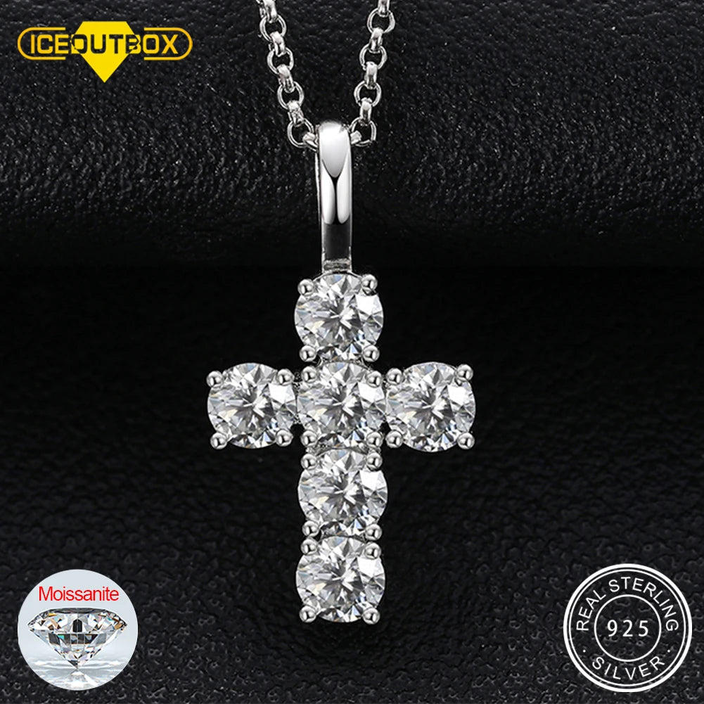 1.8ctw 4mmX6 Round Cut EF VVS1 Moissanite 925 Silver Christian Religious Rock Cross Pendant Necklace Luxury Girlfriend Xmas Gift