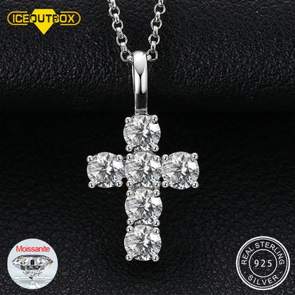 1.8ctw 4mmX6 Round Cut EF VVS1 Moissanite 925 Silver Christian Religious Rock Cross Pendant Necklace Luxury Girlfriend Xmas Gift