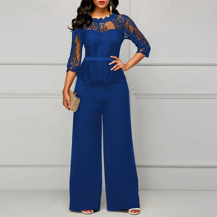 Sexy Lace Hollow Out Jumpsuits Women Spring Autumn Solid O-neck Half Sleeve Party Rompers Elegant Office Lady Wide Leg Overalls