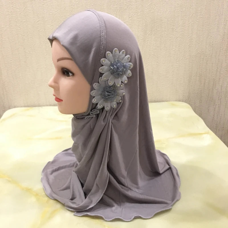 H081 beautiful small girl hijab with flowers cute hijab hats women's caps can fit 2-6 years old girls