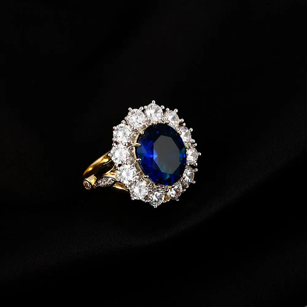 Luxury Oval Blue Zircon Ring for Women Sparkling Golden Color Solitaire Finger Rings Romantic Jewelry Wedding Anniversary Gift