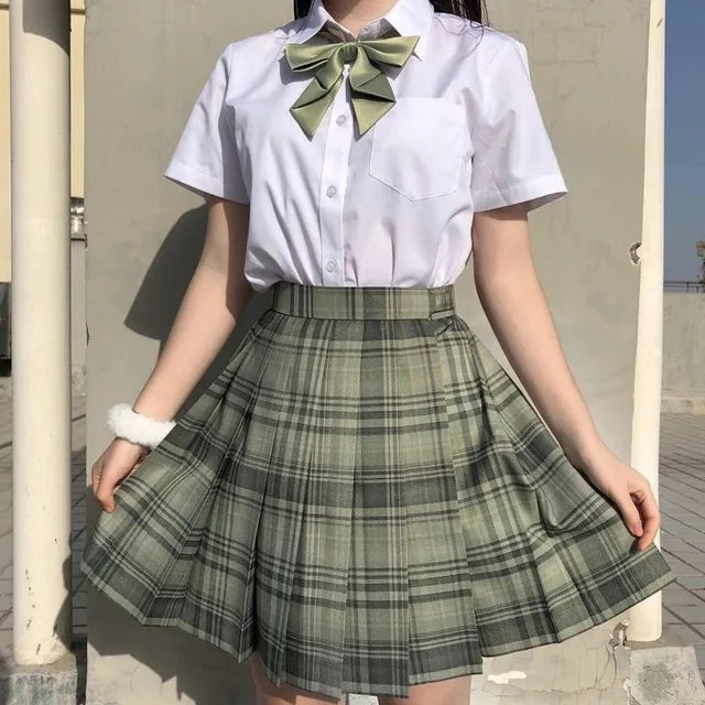 School Girl Uniform Pleated Skirts Japanese School Uniform High Waist A-Line Plaid Skirt Sexy JK Uniforms for Woman Full set