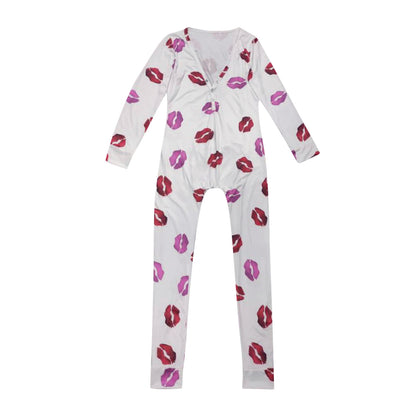 Sexy Women Pajamas Onesies Button-down Front Buttoned Flap Adults Pyjama Plaid Cow Print V-neck Long Sleeve Jumpsuit Sleepwear