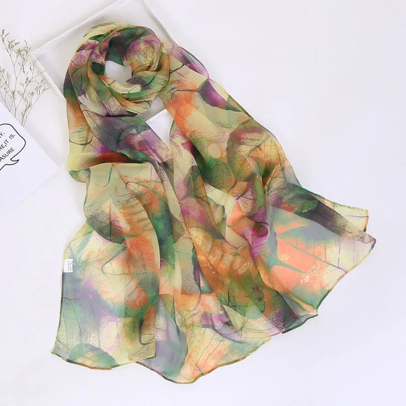 Women Foulard Chiffon Georgette Bandana Scarf Tree Leaf Print Long Shawl Summer Wrap Lady Elegant Thin breathable