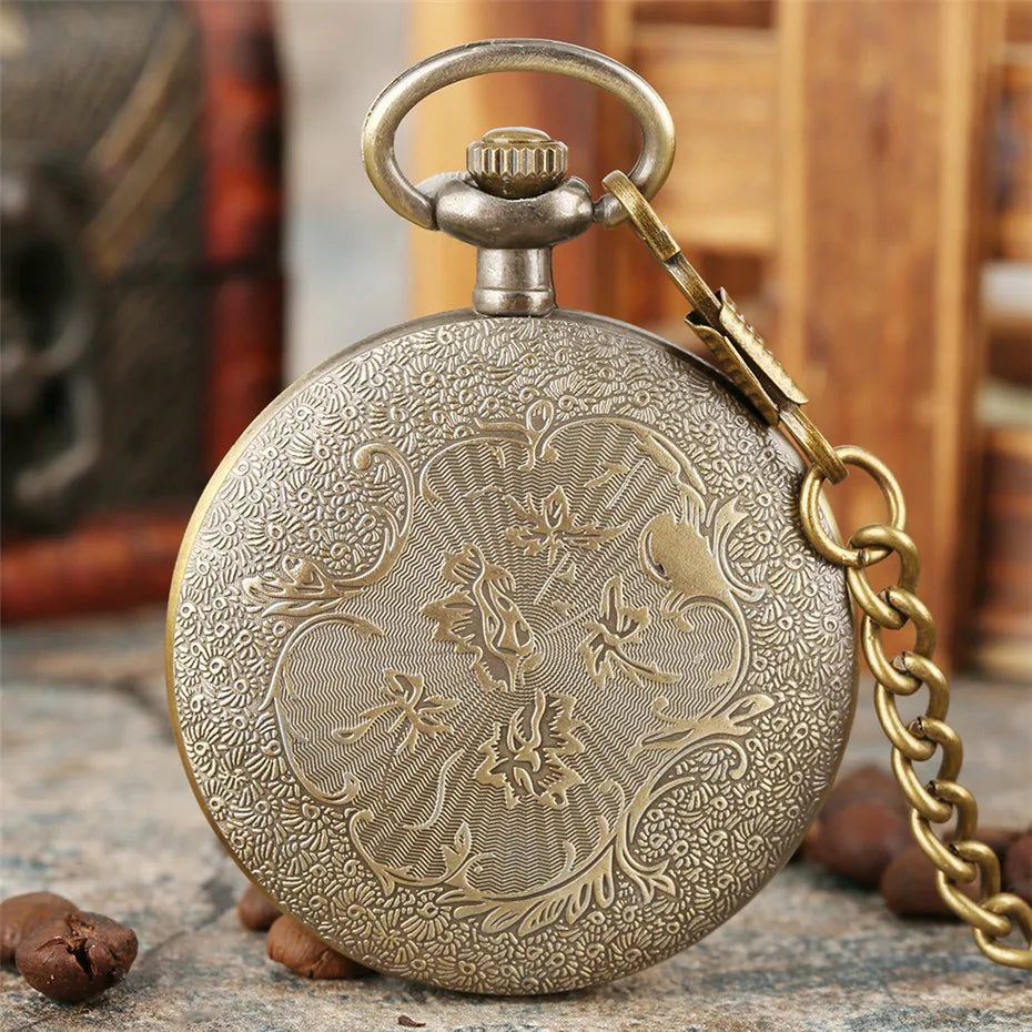 Bronze Retro Roman Numerals Display Quartz Pocket Watch Vintage Pendant Clock for Men Women Fob Sweater Chain / Hanging Chain