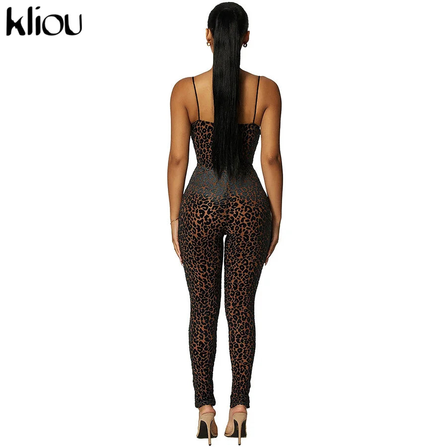 Kliou Flocking Mesh Jumpsuit Women Autumn Sexy Camis Leopard Patchwork Body-Shaping One Piece Clothing Midnight Attire Clubwear