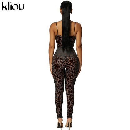 Kliou Flocking Mesh Jumpsuit Women Autumn Sexy Camis Leopard Patchwork Body-Shaping One Piece Clothing Midnight Attire Clubwear