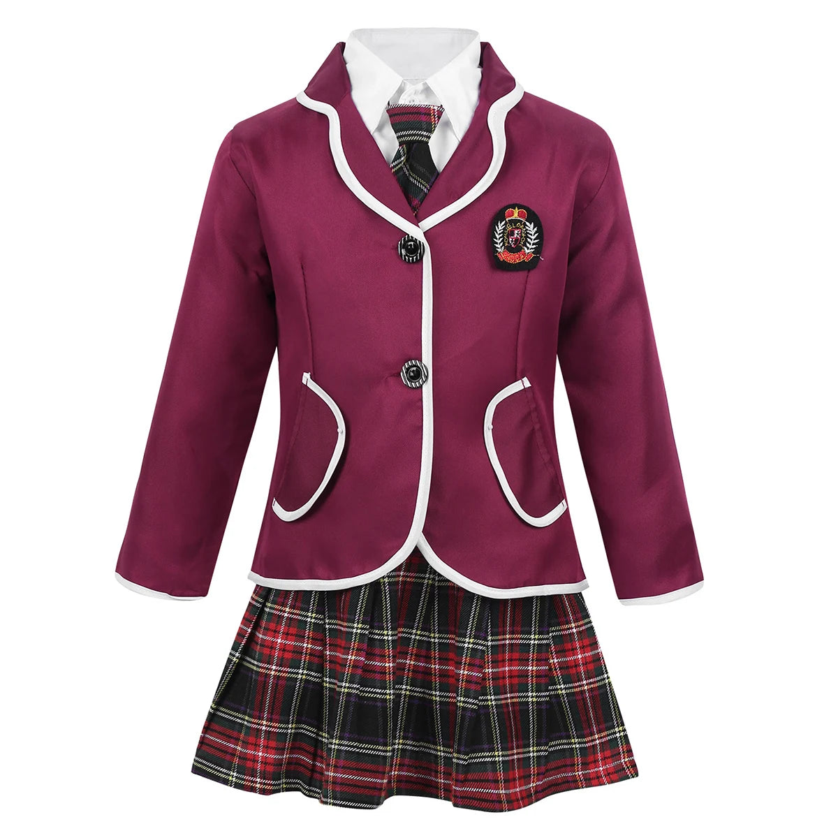 Kids Girls British Style School Uniforms Student Cosplay Anime Costume Suit Long Sleeve Coat With Shirt Tie Mini Skirt Set 4Pcs