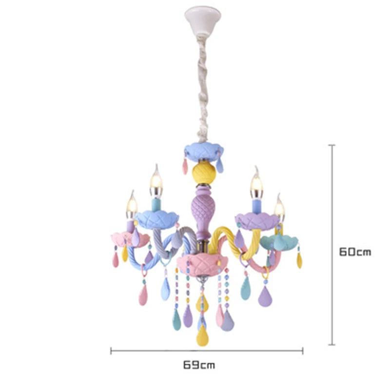 Rainbow Crystal Chandelier European Candle Lustres Bedroom Children's Room American LED E14 8 Lights Princess Makaron Kid Lamps