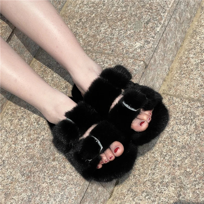 Slippers Ladies Summer Fluffy Mink Fur Slippers 100% Mink Fur Slippers Ladies Sandals 2021 Home Slippers Girls Outdoor Slippers