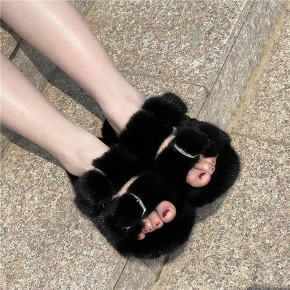 Slippers Ladies Summer Fluffy Mink Fur Slippers 100% Mink Fur Slippers Ladies Sandals 2021 Home Slippers Girls Outdoor Slippers