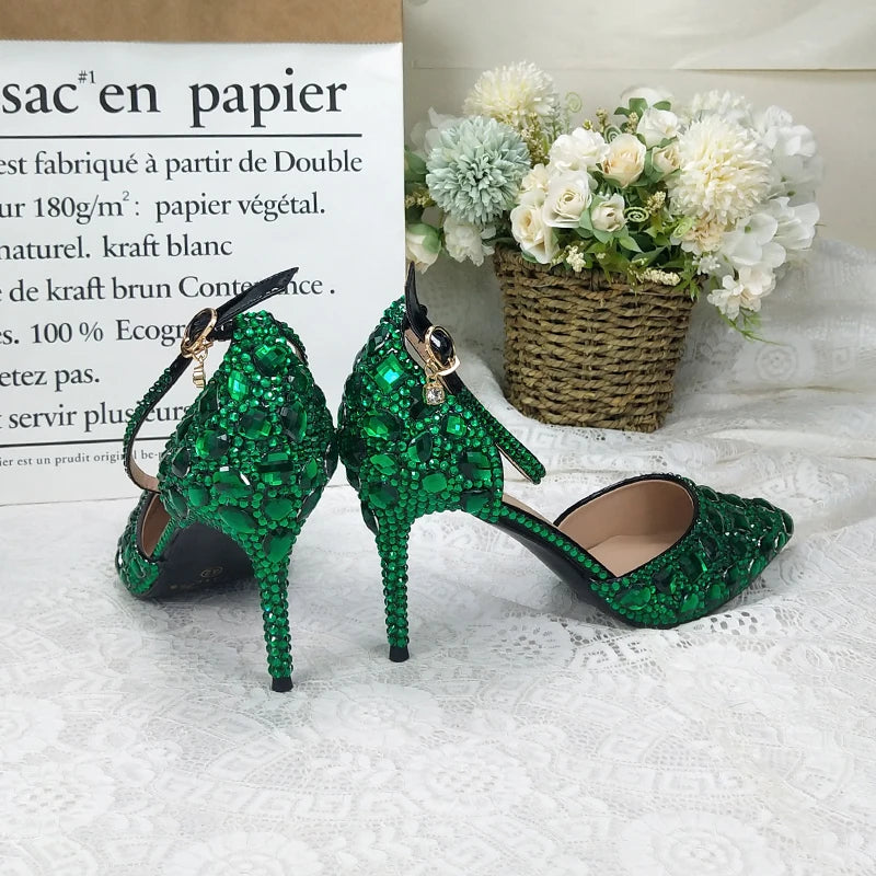 BaoYaFang 2022 NEW ARRIVE Green Crystal Wedding Shoes Woman Thin Heel Pointed Toe Bridal Party Dress Shoe Big Size High Pumps