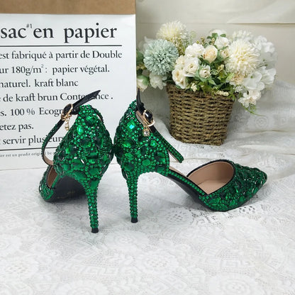 BaoYaFang 2022 NEW ARRIVE Green Crystal Wedding Shoes Woman Thin Heel Pointed Toe Bridal Party Dress Shoe Big Size High Pumps