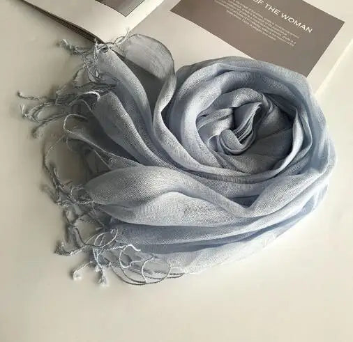 55*180cm Fashion Soft Solid Women 100% Linen Flax Tassel Scarf Summer Travel Sunscreen Long Shawl Elegant Hijab Women Foulard