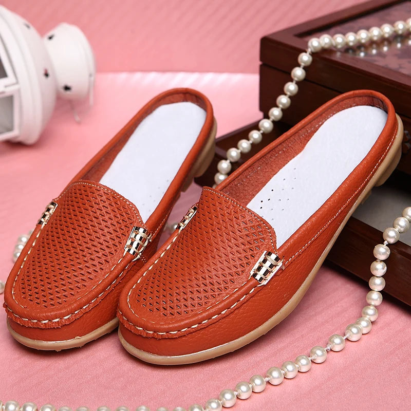 Women Casual Shoes Hollow Out Lady Half Lofers Genuine Leather Flats Moccasins Women Luxury Brand Half Slippers Zapatillas Mujer