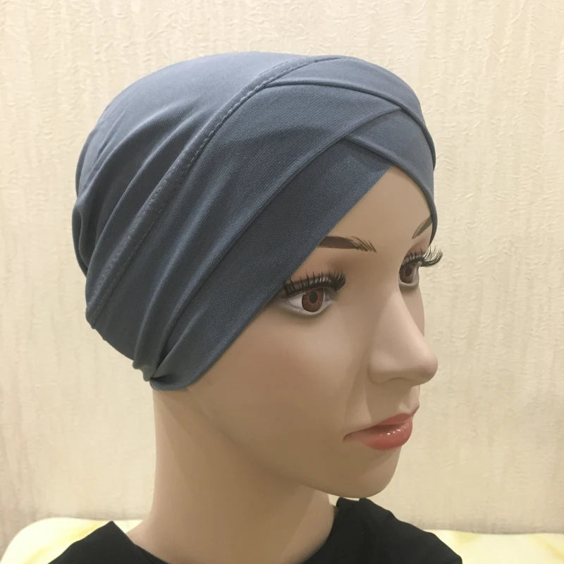 H117 Forehead criss Cross Muslim Turban Pure Color Stretch Inner Hijabs For Caps Ready To Wear Women Head Scarf Under Bonnet