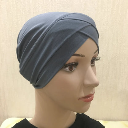 H117 Forehead criss Cross Muslim Turban Pure Color Stretch Inner Hijabs For Caps Ready To Wear Women Head Scarf Under Bonnet