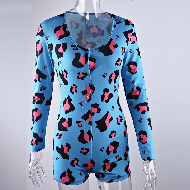 OMSJ 2026 Spring Sexy Women Purple Leopard Print Elegant Sleepwear Pajamas Onesies Long Sleeve Bodycon Short Jumpsuits Nightwear