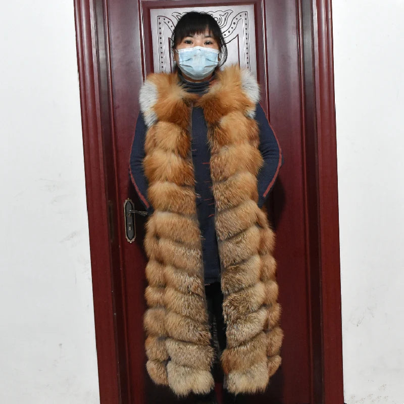 Winter Red Fox Fur Vest Female Real Extended Long  Women Red Fox Fur Waistcoat Natural Fox Fur Waistcoat Long