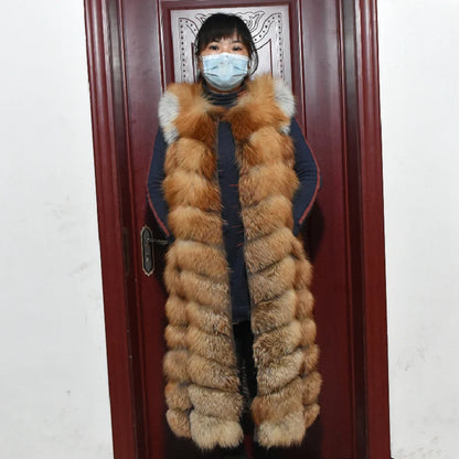 Winter Red Fox Fur Vest Female Real Extended Long  Women Red Fox Fur Waistcoat Natural Fox Fur Waistcoat Long