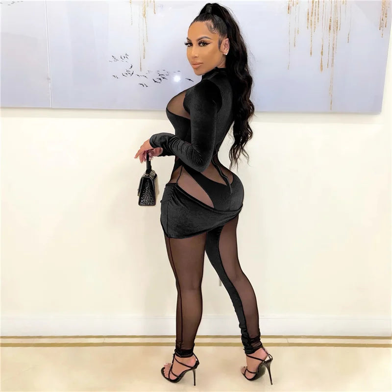 Sexy See-through Mesh Patchwork Velvet Jumpsuit Women Clubwear Long Sleeve Rompers Womens Jumpsuit Bodycon Overalls for Women