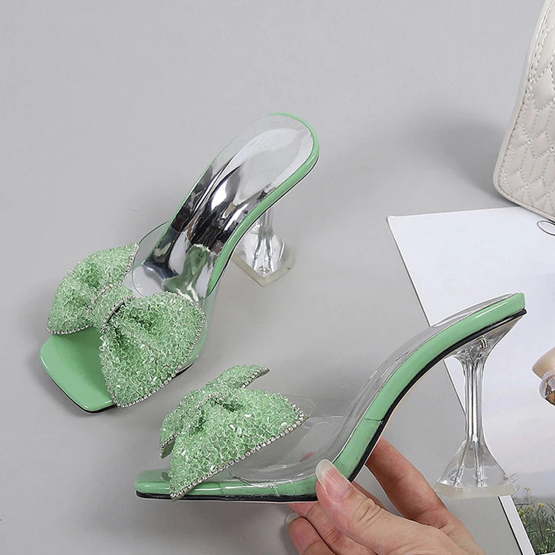 Size 34-46 Summer Party Slippers Fashion Green Rhinestone Bow Heels Sandals Women Square Open Toe PVC Transparent Shoes Slides