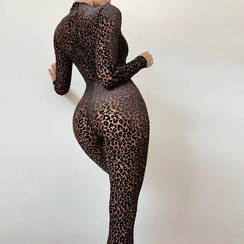 Shestyle Leopard Transparent Jumpsuits Women Skinny Back Zip Mock Neck Black Sexy 2021 Hot Animal Print Slim Clubwear Fitness
