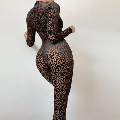 Shestyle Leopard Transparent Jumpsuits Women Skinny Back Zip Mock Neck Black Sexy 2021 Hot Animal Print Slim Clubwear Fitness