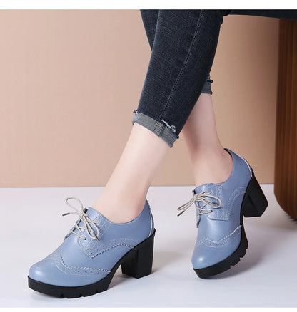 EOFK Women Brogue Shoes New Quaity High Square Heel Derby Genuine Leather High Heels Wedge Shoes Woman Female Shoes Pumps Casual