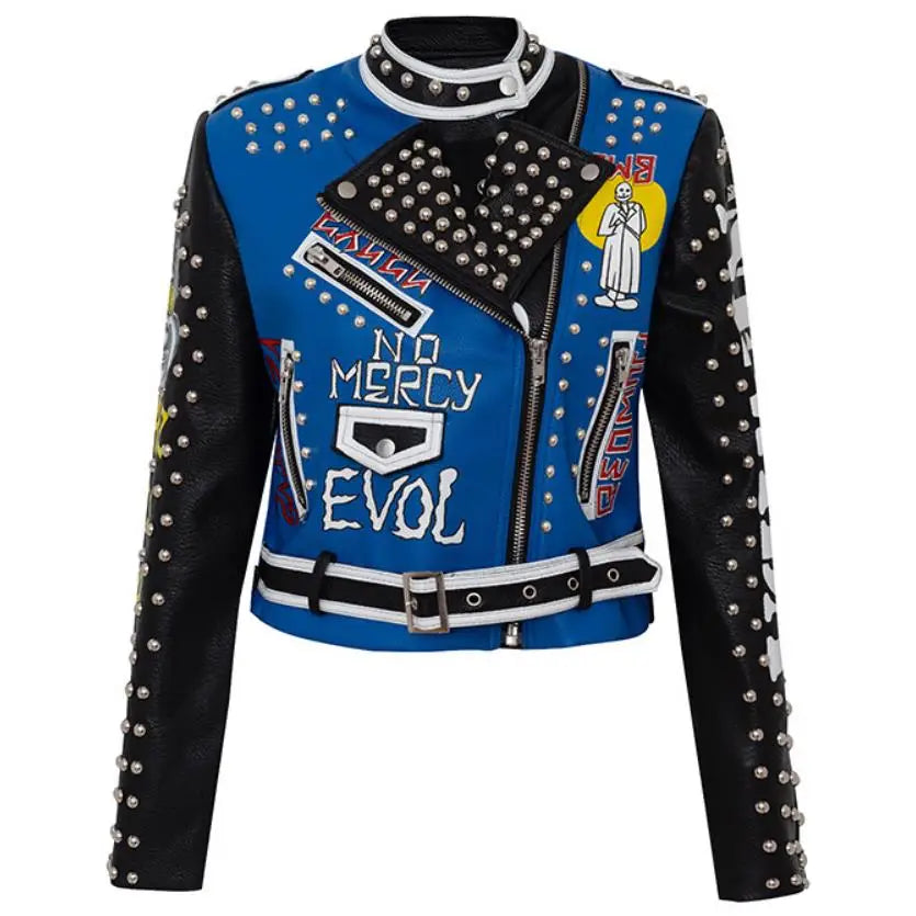 3xl women and men rivet beading pu leather jacket hit color streetstyle Graffiti outerwear letters printed leather jackets