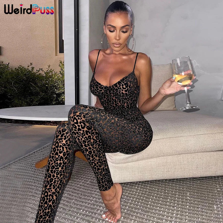 Weird Puss Leopard Print Sexy Skinny Women Jumpsuit Sleeveless Backless Fit Workout Activewear Party Nightclub Stretch Outfits