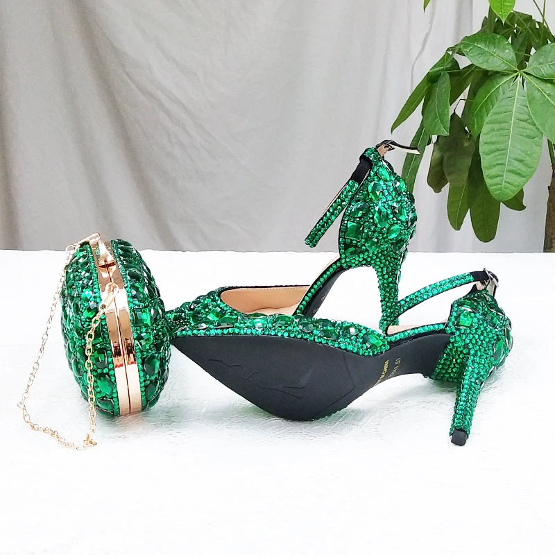 BaoYaFang 2022 NEW ARRIVE Green Crystal Wedding Shoes Woman Thin Heel Pointed Toe Bridal Party Dress Shoe Big Size High Pumps