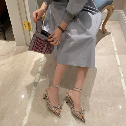 2026 New Fashion Glitter Rhinestones Women Pumps Crystal Bowknot Silk Pointed Toe Buckle Strap Thin High Heels Party Prom Shoes