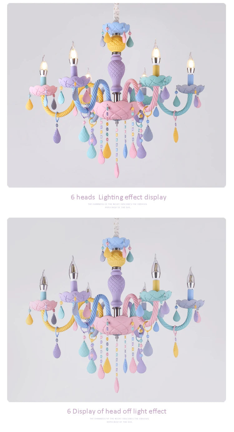 Rainbow Crystal Chandelier European Candle Lustres Bedroom Children's Room American LED E14 8 Lights Princess Makaron Kid Lamps