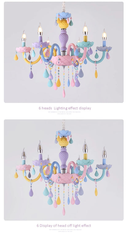 Rainbow Crystal Chandelier European Candle Lustres Bedroom Children's Room American LED E14 8 Lights Princess Makaron Kid Lamps